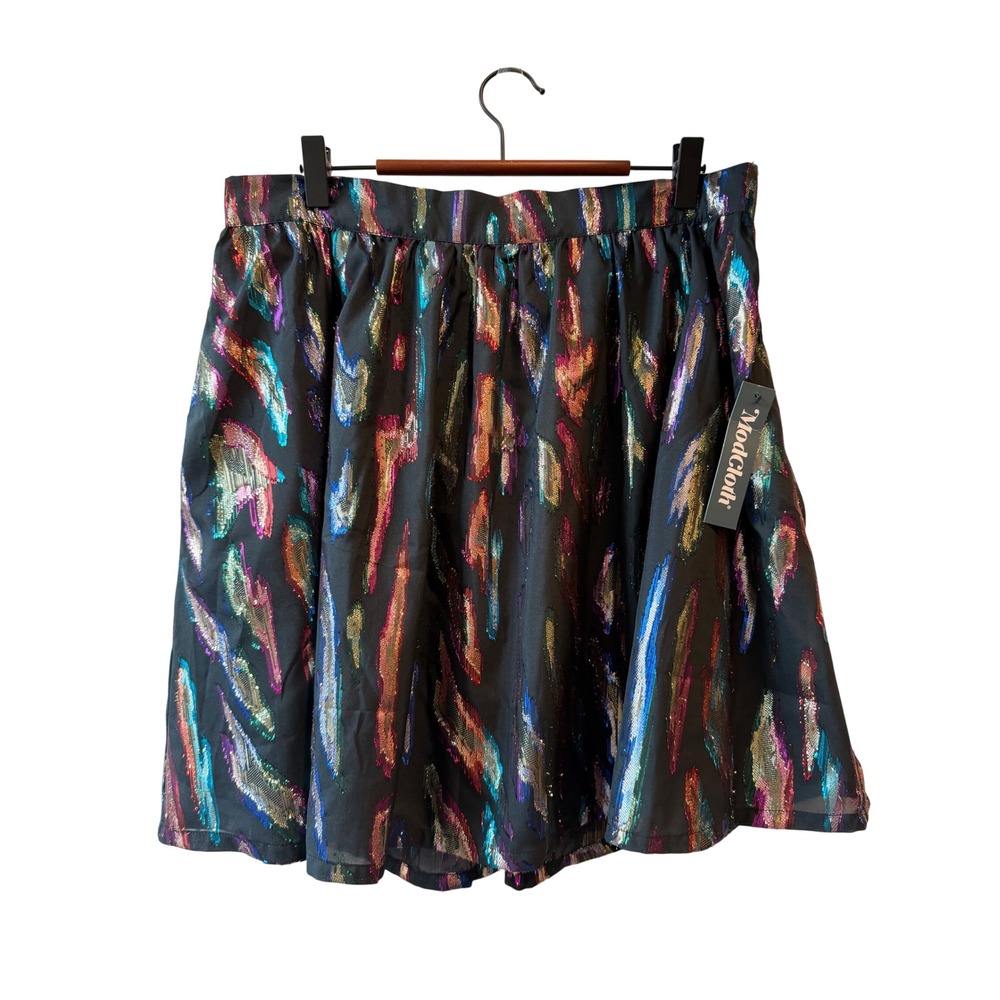 ModCloth Metallic Rainbow Skirt Womens 12 Black Abstract Indie Sleaze Party NEW